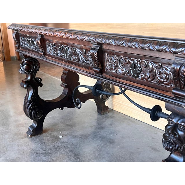 19th Century Spanish Two Faces Baroque Style Oak Library Table or Desk For Sale - Image 4 of 18