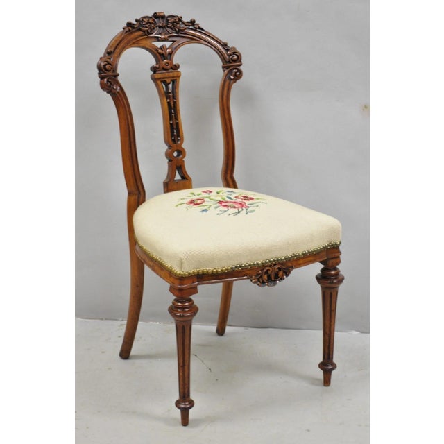 Antique Victorian Ornately Carved Walnut French Tapestry Parlor Side Chairs - Set of 4. Circa Late 19th Century....