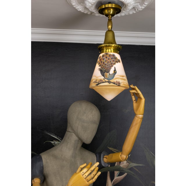 Art Deco Glass and Brass Pendant Light with Bird Paintings, France, 1930s For Sale - Image 10 of 18