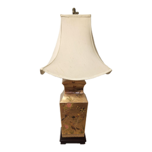 Gold Porcelain Painted Chinoiserie Lamp With Pagoda Shade 1950s