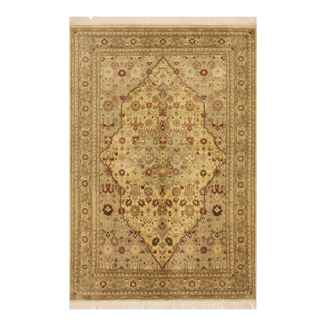 Shabby Chic 1990's Tabriz Pak-Persian Beige/Green Wool Rug - 4'2'' X 6'4'' For Sale