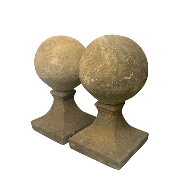 2000 - 2009 Pair of Vintage Neoclassical Cast Stone Sphere Garden Finials on Pedestal Bases For Sale - Image 5 of 12