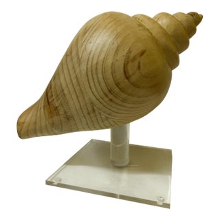 Late 20th Century Sarreid Ltd. Style Large Carved Wood Conch Shell Sculpture on Acrylic Base For Sale