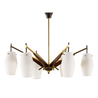 Mid-Century Italian Brass and Teak Chandelier in the style of Stilnovo, 1960s For Sale
