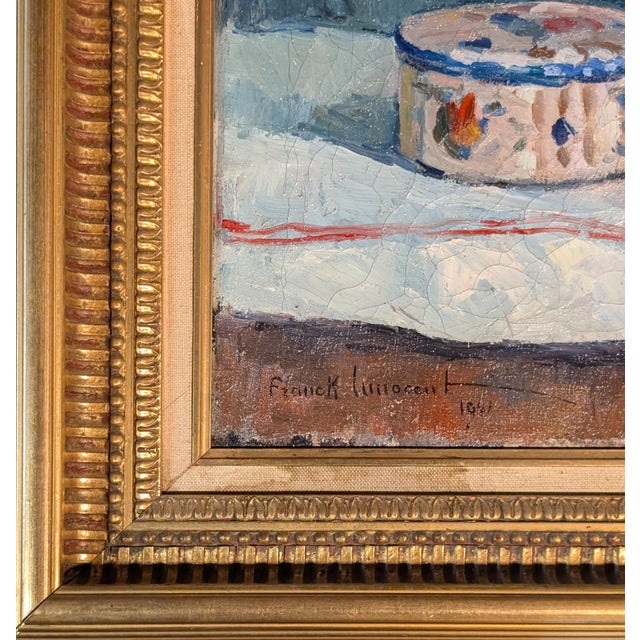 French Normandy School Post-Impressionist Oil on Canvas Still Life Flowers Fruit by Franck Innocent, 1941 For Sale - Image 11 of 13