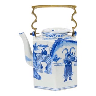 Antique Oversized Blue and White Chinoiserie Porcelain Tea or Coffee Pot For Sale