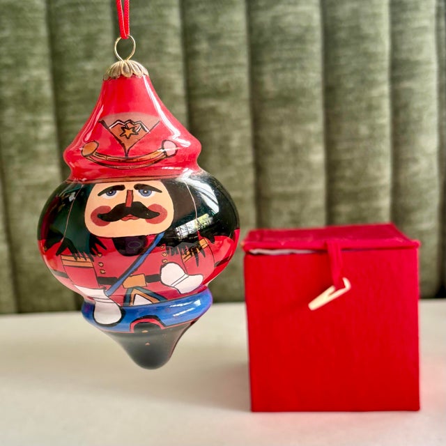 Traditional Vintage Pier 1 Li Bien Nutcracker Glass Christmas Ornament - Reverse Hand Painted Blown Glass Holiday Decor For Sale - Image 3 of 10