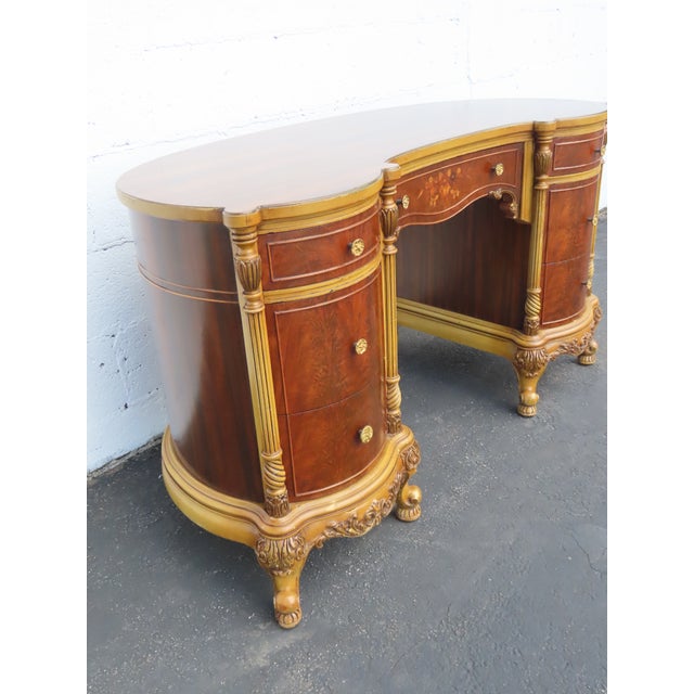 French Early 1900s Kidney Shape Carved Inlaid Writing Desk 6885 For Sale - Image 10 of 18