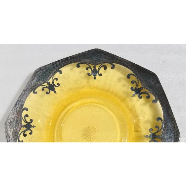 Metal Antique Shaped Amber Etched & Cut Glass Decorative Plate W/Silver Overlay For Sale - Image 7 of 13