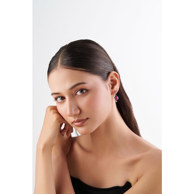 Art Deco 14k White Gold 3.19ct Ruby, Diamond & Black Enamel Hoop Earrings- A Pair For Sale - Image 10 of 16