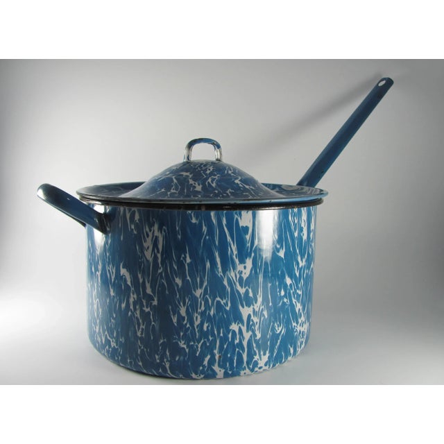 Vintage Graniteware Enamel Blue & White Swirl Marbled Mottled Agate Rustic Pot With Lid For Sale - Image 13 of 13