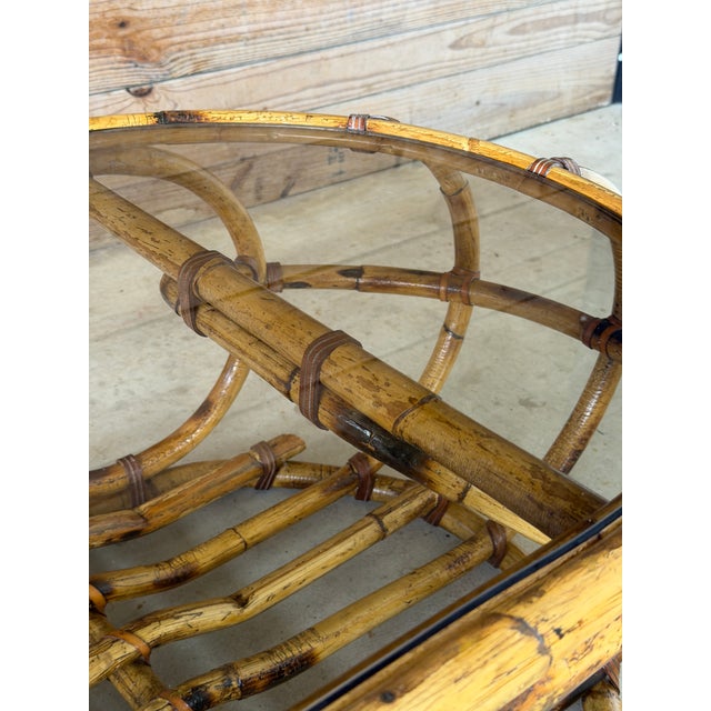 Mid 20th Century Vintage Coastal Sculptural Rattan Coffee Table With Original Smoked Glass Top For Sale - Image 5 of 12