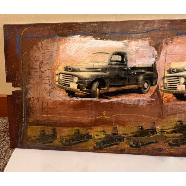 4-Panel Vintage Truck Art Painting on Metal With a Smaller Canvas Signed in 2005 Painting Included. For Sale In Portland, OR - Image 6 of 10