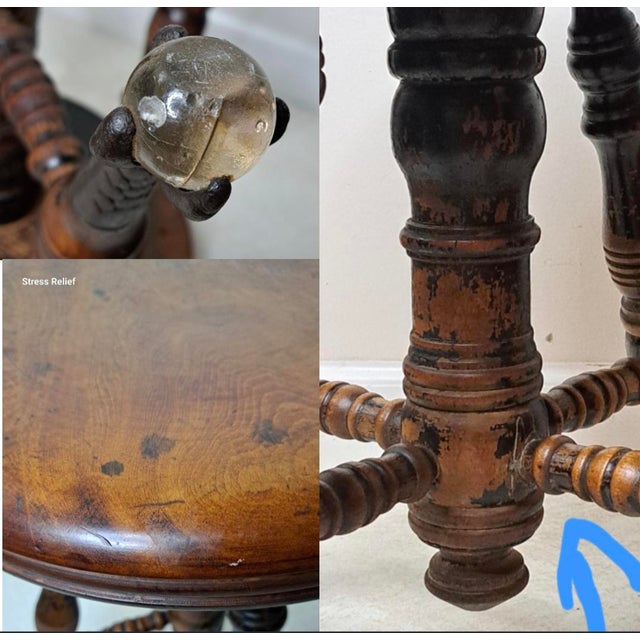 Late Victorian Adjustable Piano Stool With Glass Ball & Claw Feet, Circa 1880-1900 For Sale - Image 15 of 15