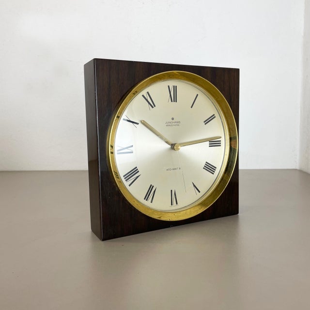 Modernist Wood and Brass Table or Wall Clock from Junghans, Germany, 1970s For Sale - Image 16 of 18
