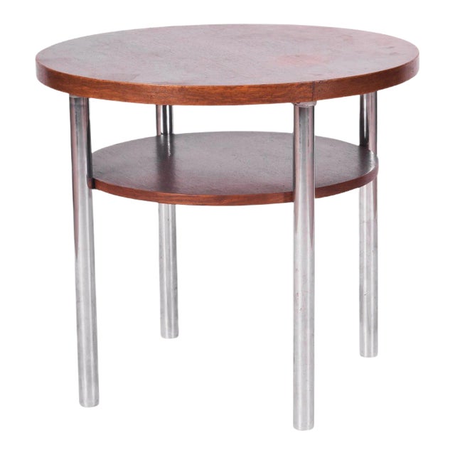 Czech Round Chrome & Oak Table by Mücke & Melder, 1930s For Sale