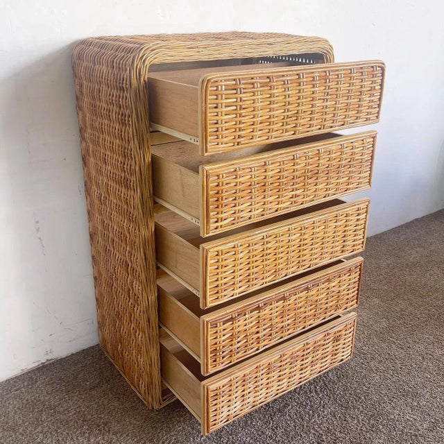 Boho Chic Wicker Waterfall Highboy Dresser For Sale In Miami - Image 6 of 10