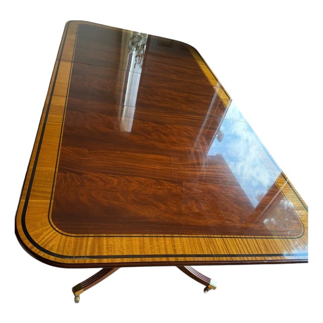 Baker Furniture, Collector's Edition, Charleston Collection, Banded Mahogany, Double Pedestal Dining Table, Vintage. 3 Extra Leaves Included! For Sale