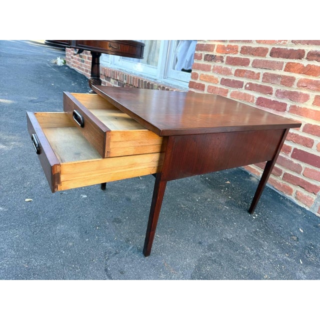Brown Mid Century Modern Two Drawer End Table With Carved Wood Pulls For Sale - Image 8 of 12