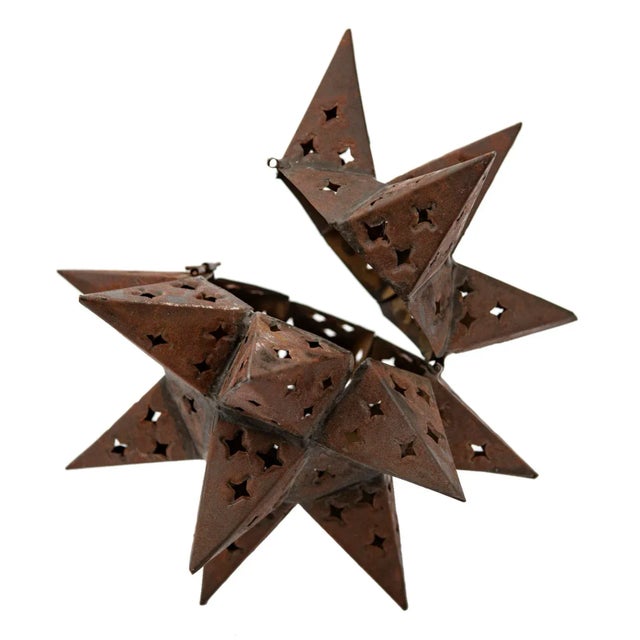 Brown Vintage Moroccan Style Pierced 18 Point Hinged Iron Star Candle Curio For Sale - Image 8 of 11