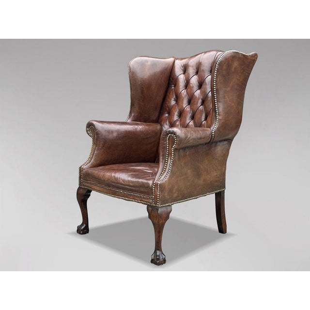 Brown Leather Button Wing Armchair, 1860s For Sale - Image 3 of 11