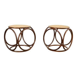 Pair of Thonet Style Bentwood Rattan Cane Drink Table Stools For Sale