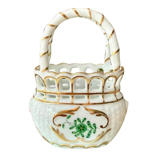 Herend Hungarian Vintage Mini Hand-Painted Porcelain Basket With Handle - Made in Hungary For Sale