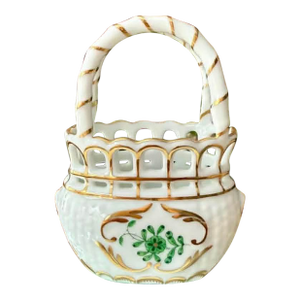 Herend Hungarian Vintage Mini Hand-Painted Porcelain Basket With Handle - Made in Hungary