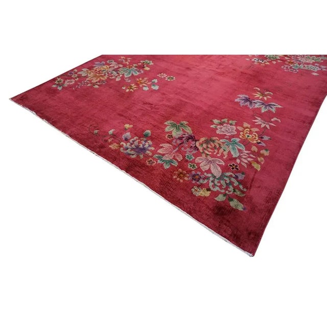 Textile 1930s Lovely Floral and Inspires Joy With Ruby Red Color Chinese Art Deco Rug For Sale - Image 7 of 9