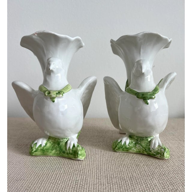 Pair of Vintage Blanc De Chine Bird Vases with lovely green hand painted neck tie on green perch. Excellent vintage...