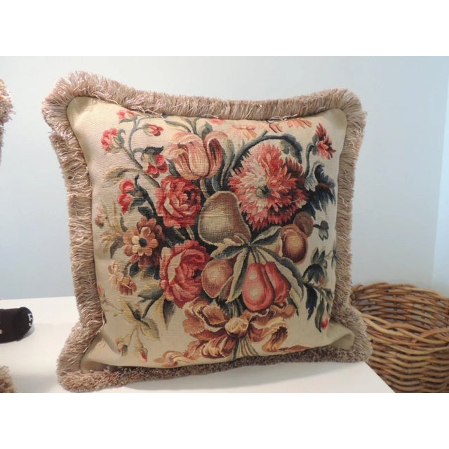 -Set of ‘2’ Vintage Aubusson Style Orange and Green Tapestry Square Decorative Pillows Woven floral and fruits pattern...