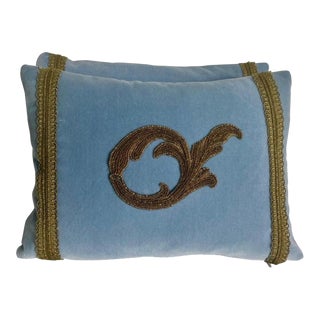 Pair of Custom Appliqué Blue & Gold Pillows by Mla For Sale