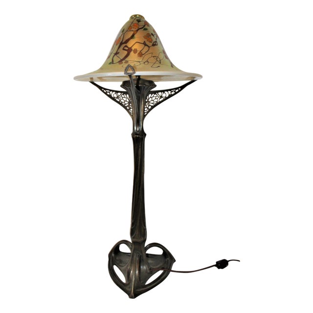 1980s Art Nouveau Lamp Art Glass Shade Bronze Casting after Louis Majorelle For Sale