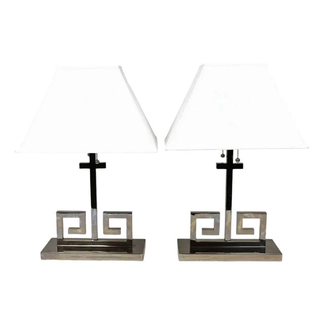 Pair of Greek Key Chrome Table Lamps For Sale