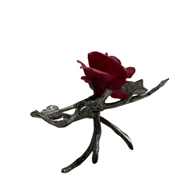 Rococo Vintage Capodimonte Porcelain Burgundy Rose on Silver-Tone Branch, Italy For Sale - Image 3 of 5