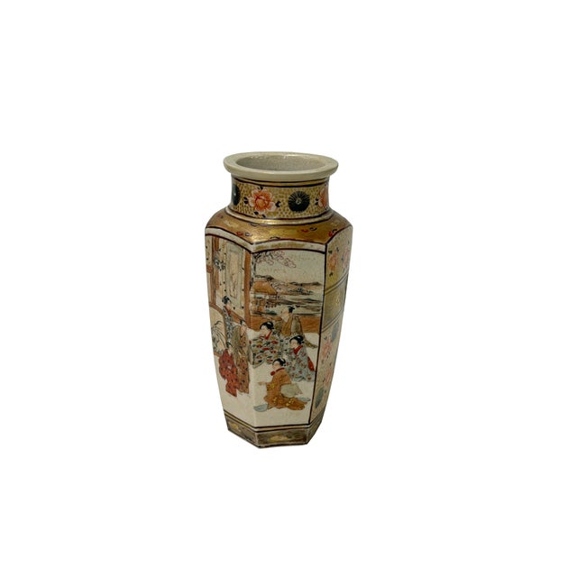 6" Asian Satsuma Style Hexagonal Figures Painted Porcelain Art Vase For Sale - Image 4 of 12