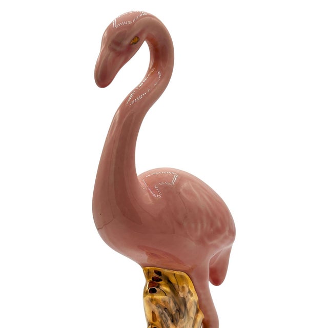 Ceramic Mid 20th Century Ceramic Fancy Bird Pink & Gold Flamingo Tabletop Statue For Sale - Image 7 of 10