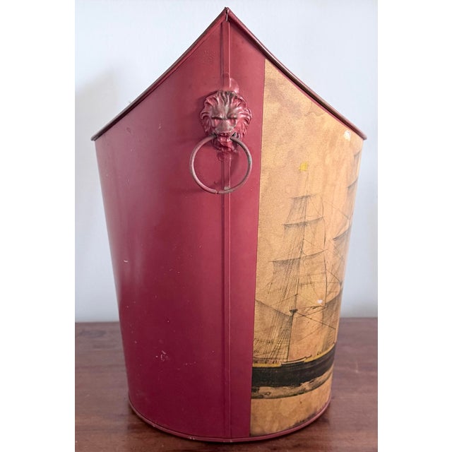 Traditional Vintage Decoupage Clipper Ship Tole Wastebasket With Lion Head Ring Handles For Sale - Image 3 of 9