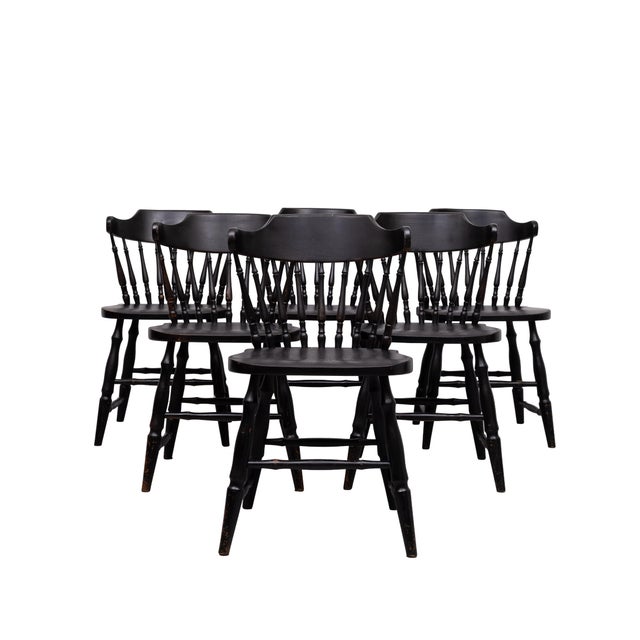 lovely set of 6 Windsor style Spindle-back dining chairs . Black ebonized Solid Oak . The exact manufactured date is...