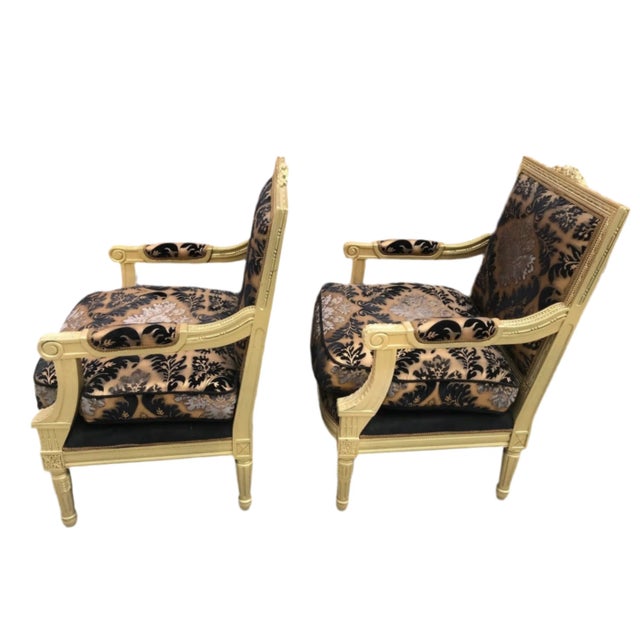 Wood Antique Louis XVI Style Armchair With Carved Gold Frame Newly Reupholstered in a Patterned Velvet - Pair For Sale - Image 7 of 8