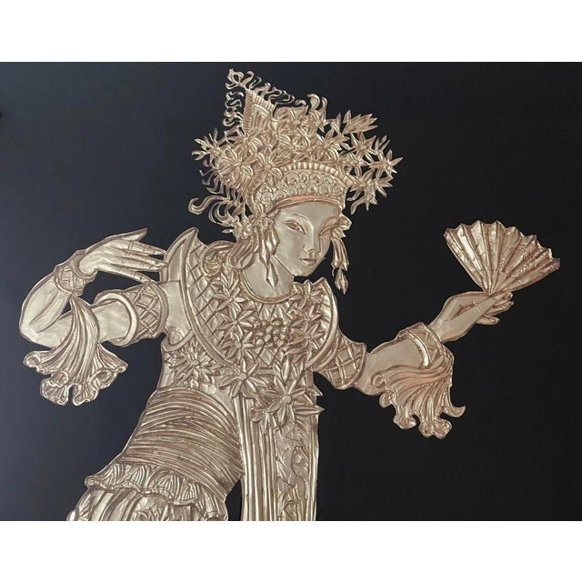 Hollywood Regency Large Mid-Century Asian Repoussé Metal Wall Art Plaques by Sebet, 1968 – Pair For Sale - Image 3 of 12