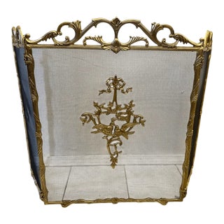 Vintage French Provincial Style Bird & Flower Design Brass Fireplace Screen For Sale