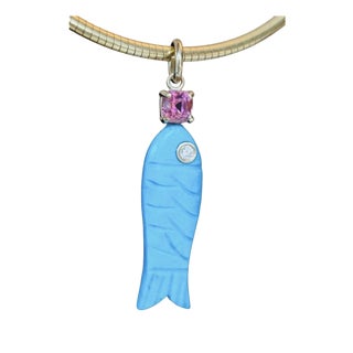 Perfect Lapis Poisson Pendant With Diamond and Pink Tourmaline For Sale