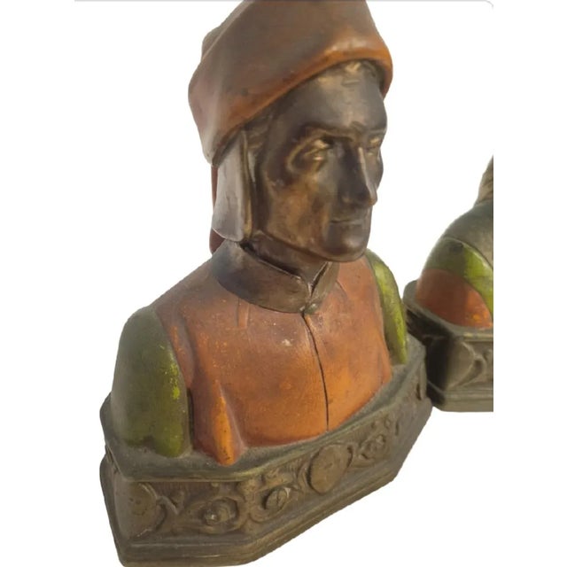 Vintage Dante & Beatrice Pompeian Bronze Colored Bookend Statues- a Pair For Sale - Image 4 of 9