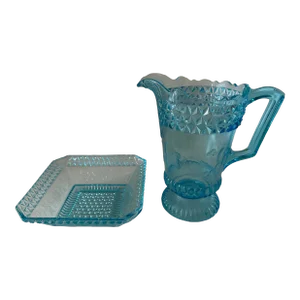 1874 Wildflower Blue Glass Pitcher & Bowl Adams Glass Co.- 2 Pieces