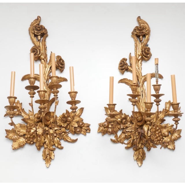Mid-20th Century French Country Giltwood Five-Light Wall Sconces With Carved Floral and Fruit Decoration - Pair For Sale - Image 9 of 9