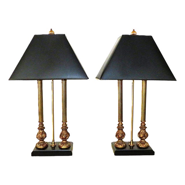 Pair of Curry & Company French Bouillotte Style Table Lamps Black and Gold For Sale