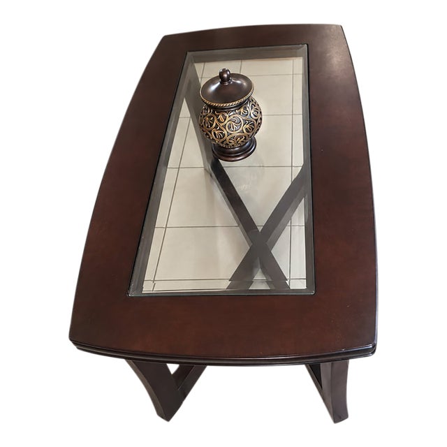 Traditional Dark Wood & Glass Coffee Table and End Table Set For Sale