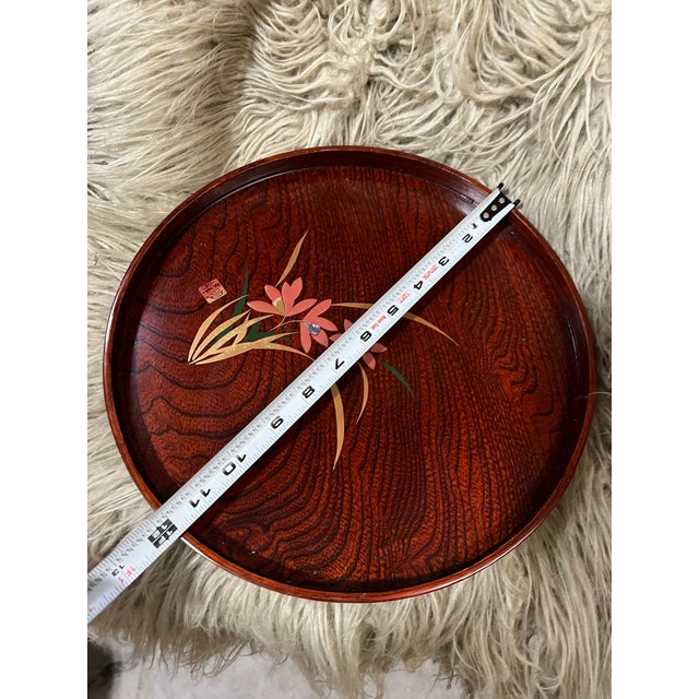 Wood Vintage Round Wooden Asian Style Tray With Floral Accents For Sale - Image 7 of 7