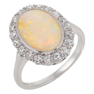 Mid Century Opal Old European Cut Diamond Platinum Cluster Ring, Size 6 For Sale